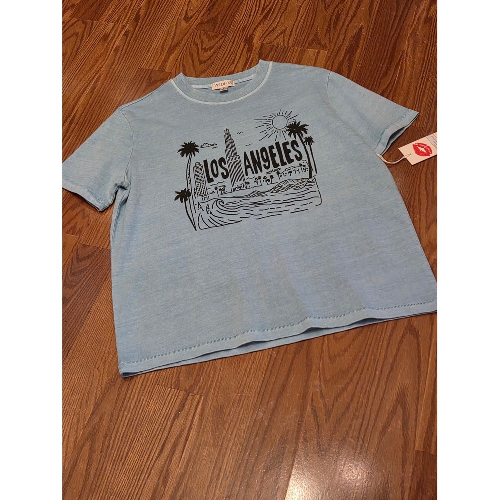 Wildfox Los Angeles Graphic Tee Light Blue Heathered Short Sleeve Shirt Small
